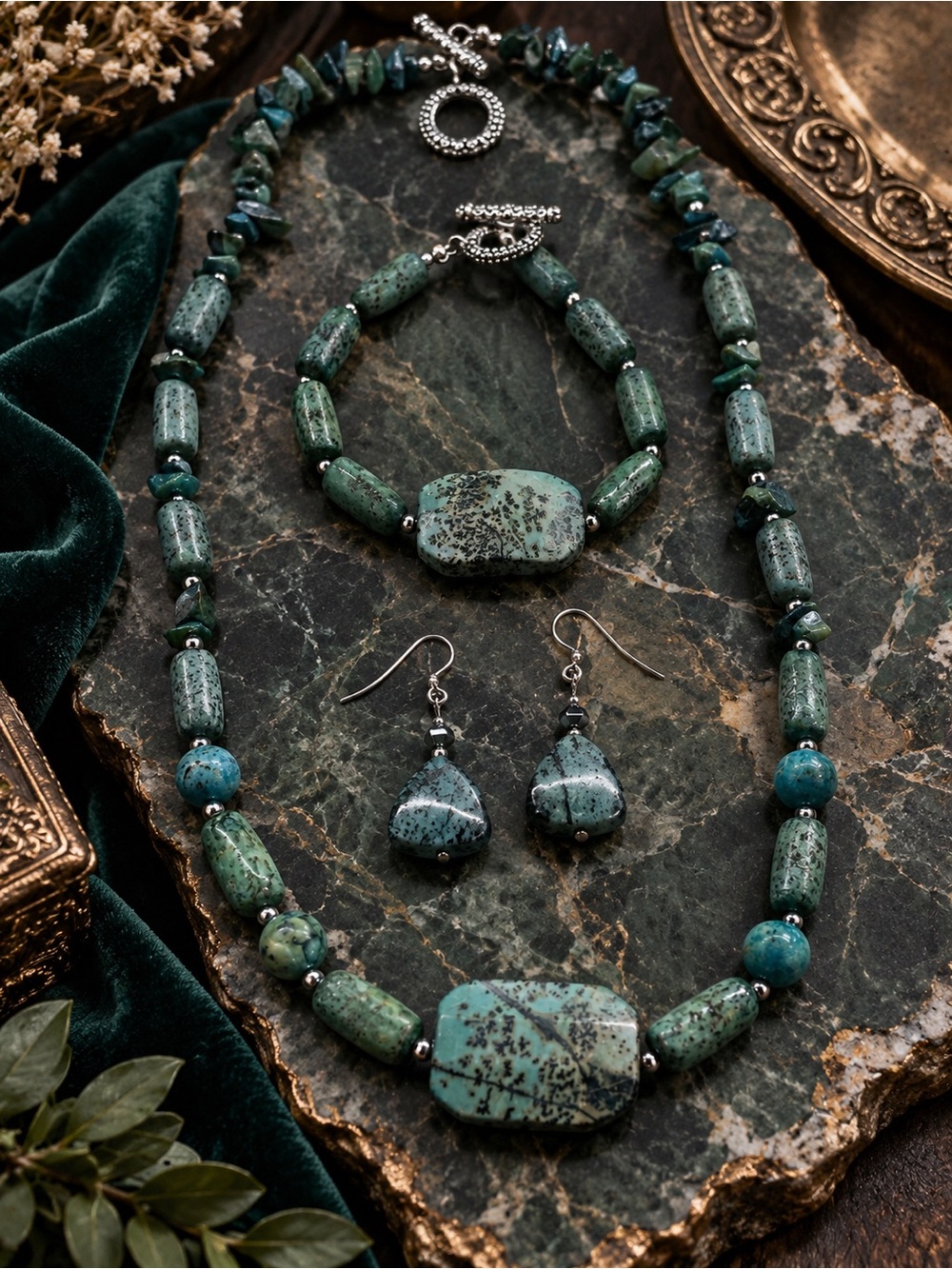 African Turquoise Jasper Jewelry Set Necklace Bracelet Earrings Natural Stone